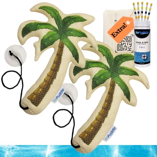 Hot Tub Scum Absorber Palm Tree Scum Absorber for Spa Hot Tubs - 2-Pack Scum and Oil Absorbing - Washable with 150 Water Test Strips - Keeps Your Hot Tub Sparkling Clean