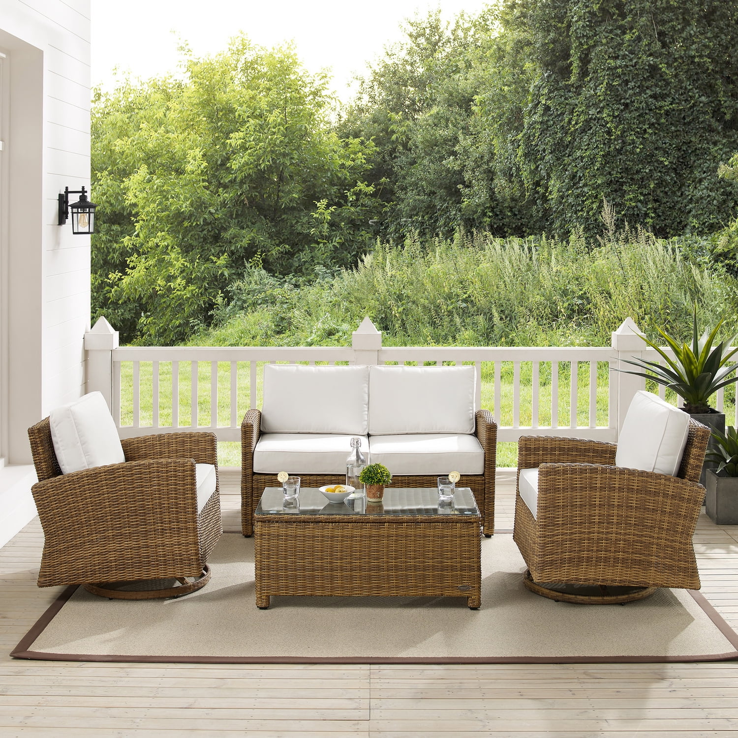 HomeStock Southwestern Sanctuary 4Pc Swivel Rocker Conversation Set- Sunbrella White/Weathered Brown - Coffee Table, Loveseat, & 2 Swivel Rockers