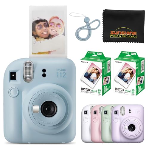 Fujifilm Instax Mini 12 Instant Camera Pastel Blue with 40 Sheets Fujifilm Instax Mini Film Bundle, Sunshine Photo Microfiber Cleaning Cloth Included
