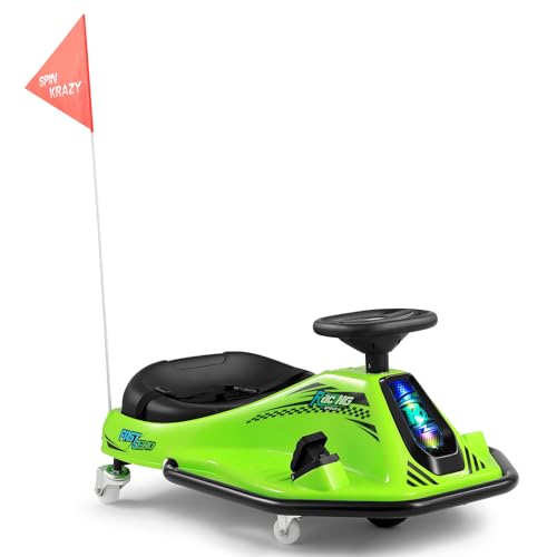 360 Degrees Rotating Ride On Drift Car, 24V Electric Drifting Go Kart for Kids W/Replacement Wheels, High/Low Speed, 24V Brushless Motor, Flashing Lights, Flag, Music,Bluetooth,Green
