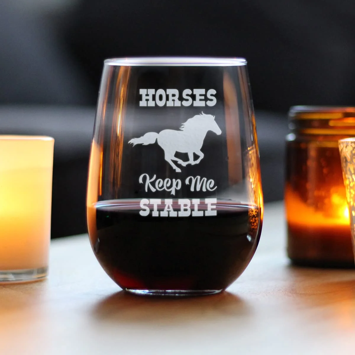 Horses Keep Me Stable – Cute Funny Stemless Wine Glass, Large 17 Ounces, Etched Sayings, Gift Box