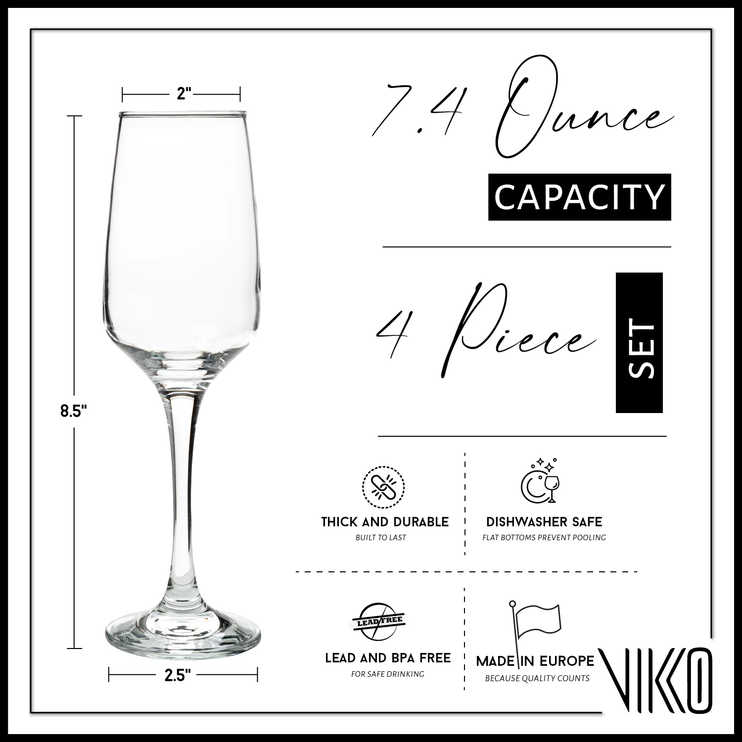 Vikko Champagne Flutes, 7.4 Ounce Toasting Champagne Flute, Crystal Clear Champagne Glasses, Set of 4 Elegant Sparkling Wine Glasses