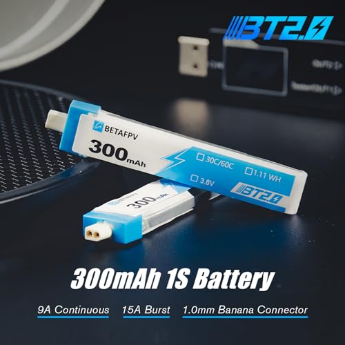 BETAFPV 8pcs BT2.0 300mAh 1S Battery 3.8V 30C/60C Lipo with 1.0mm Banana Connector for Tiny Whoop Brushless Whoop Drone Like Cetus Kit Air65 Brushless Drone