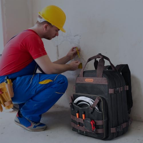 WELKINLAND 90-Pockets Electrician Backpack, Black Wax-Canvas Tool Backpack, 28L Capacity, Heavy Duty, Waterproof