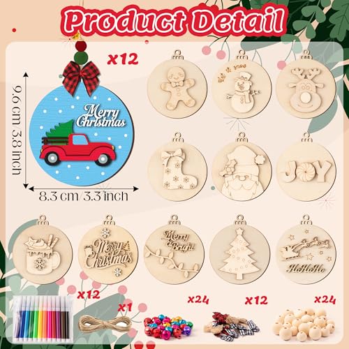WATINC DIY 3D Christmas Ornaments Kit to Paint - 12 Styles Unfinished Wooden Hanging Decor with Raised Designs, Includes Paint Pens, Bells, Bows & Beads, Xmas Tree Crafts for Kids & Adults(Christmas)