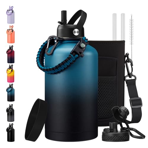 32/40/64/128oz Water Bottle with Straw Auto Spout Lid Keep Cold 48h, Insulated Water Bottles 32 oz with Strap Carrier, Protective Boot & Paracord Handle