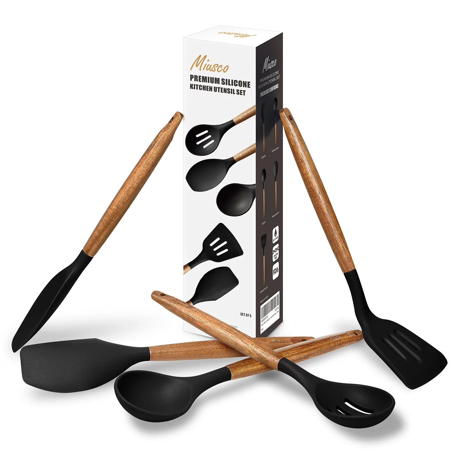 Miusco Nonstick Silicone Kitchen Cooking Utensils Set with Wood Handle, BPA Free, Black 5 pcs