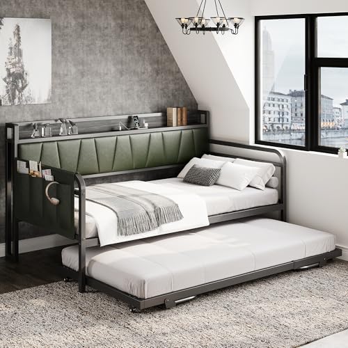 LIKIMIO Daybed with Trundle Bed, Twin Bed Frame with Storage Headboard and Charging Station, Sofa Day Bed with Strong Supports for Living Room, Bedroom, and Guest Room, Grey