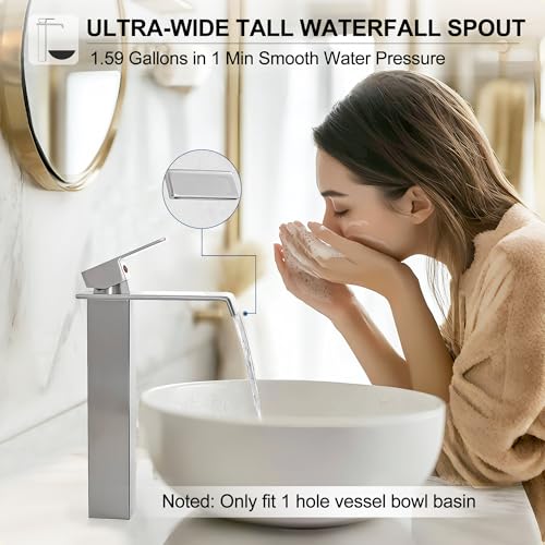 Brass Bathroom Vessel Sink Faucet Chrome, Waterfall Tall Bathroom Faucets for Vessel Sink Single Handle, One Hole with Pop Up Drain and Supply Hoses