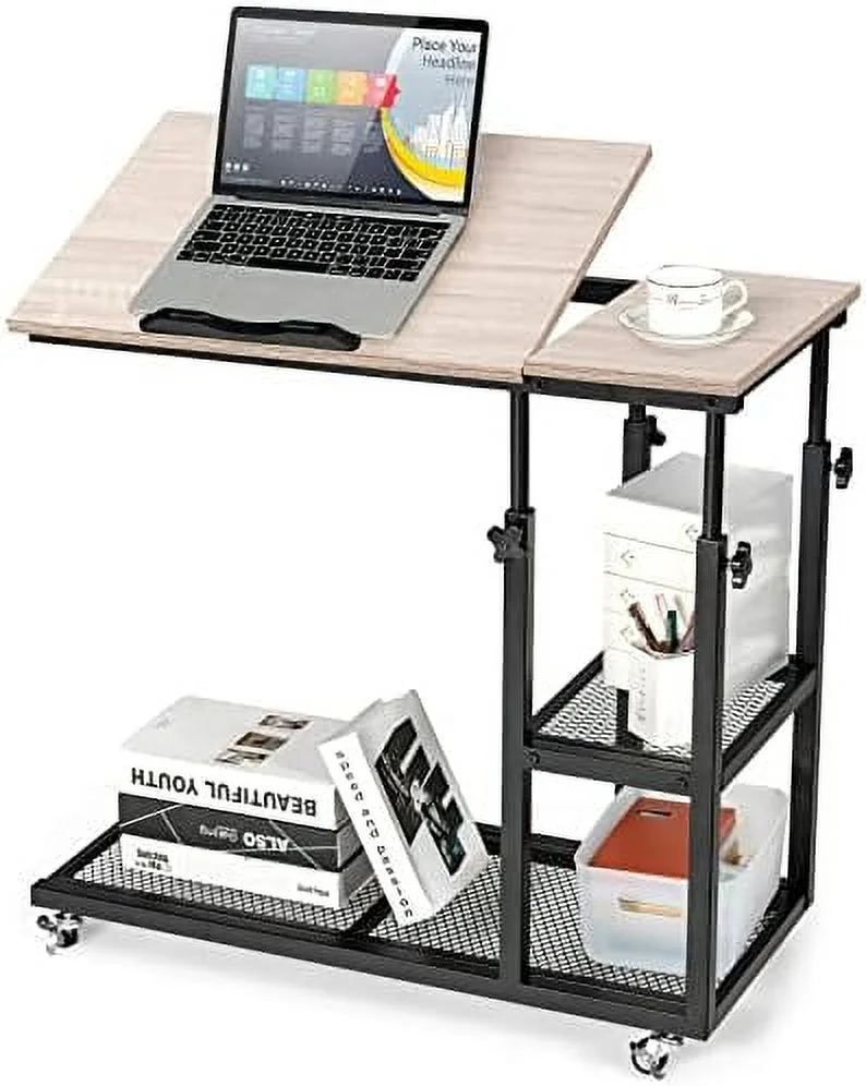 Height Adjustable C Shaped End Table with Lockable Wheels  Mobile Couch Desk Table with Tiltable Table Top  Sofa Bedside Laptop Stand TV Tray with  Shelves  Snack Side Table