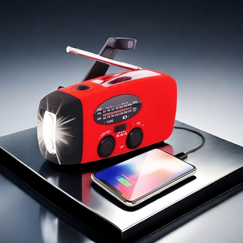 Emergency Hand-Crank Radio – Portable Self-Powered AM/FM/NOAA Weather Radio with Solar & Hand-Crank Charging, LED Flashlight, USB Rechargeable, 2000mAh Power Bank for Cell Phone – Red