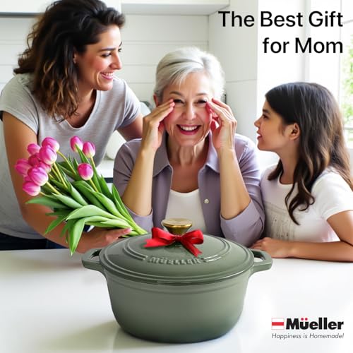 Mueller 6qt Enameled Cast Iron Dutch Oven, Heavy-Duty Casserole and Braiser Pan with Lid and Knob, Oven-Safe up to 500° F & Across All Cooktops, White