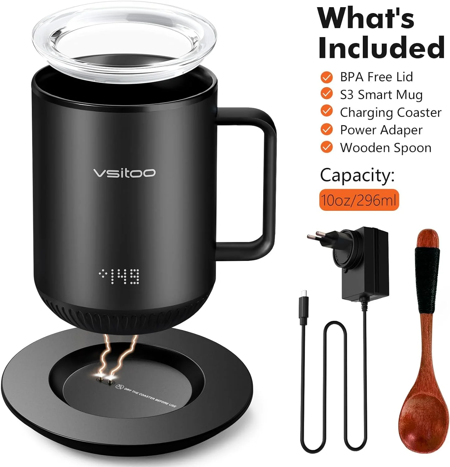 vsitoo S3 Temperature Control Smart Mug 2 with Lid, Self Heating Coffee Mug 10 oz, LED Display, 90 Min Battery Life - App&Manual Controlled Heated Coffee Mug - Improved Design, Coffee Gifts, Black