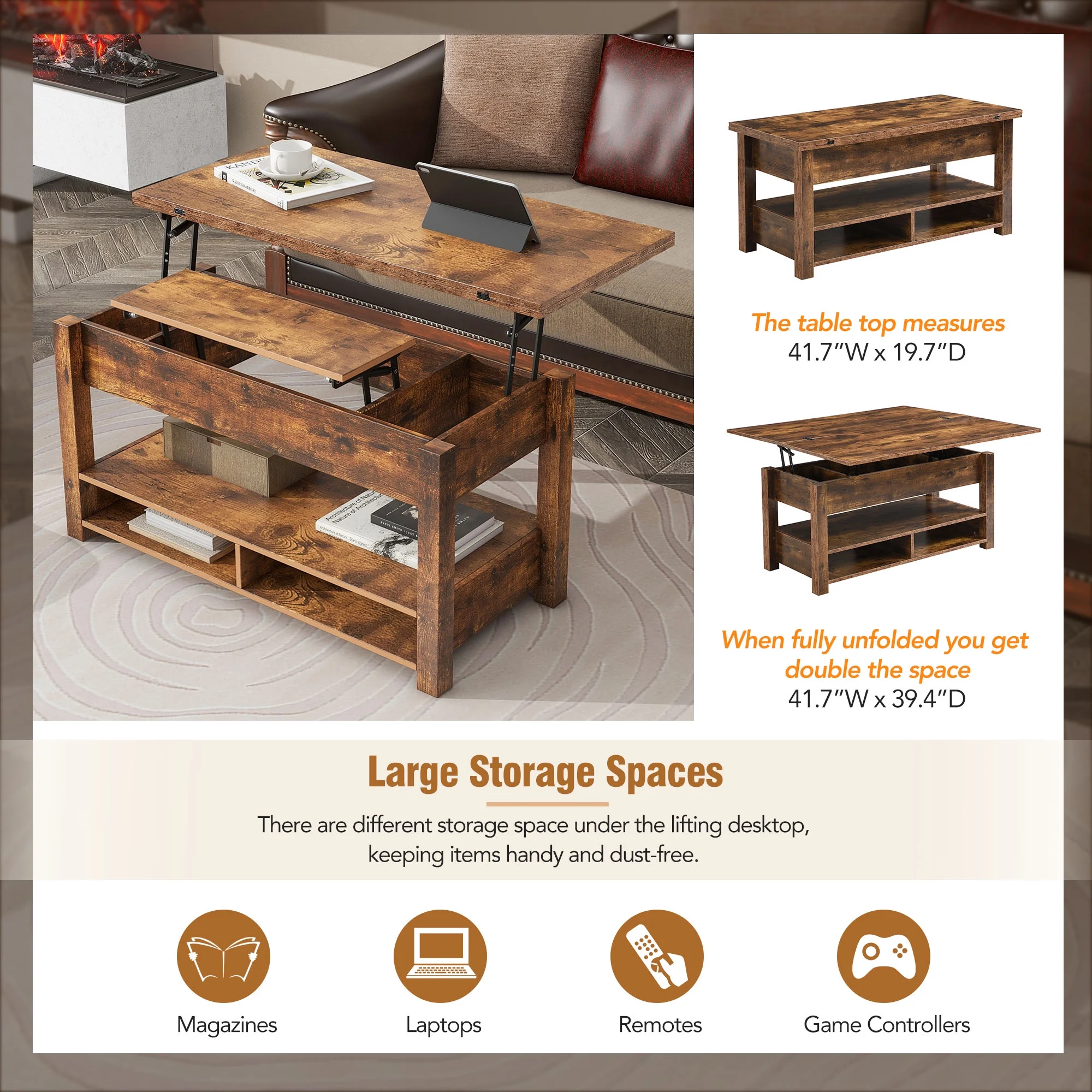 Smart FENDEE Lift Top Coffee Table with 3 Shelves,Wood Center Table, Living Room,41.7