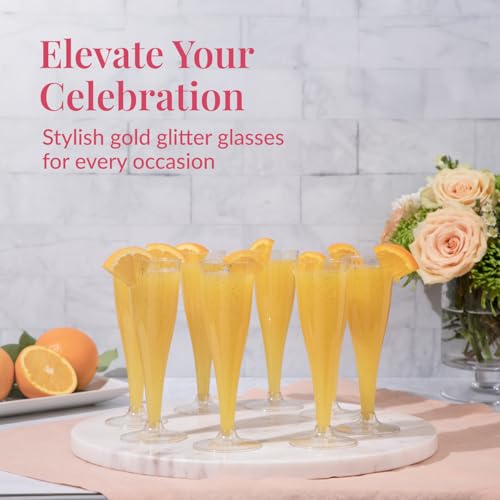 Prestee 48 Pack Champagne Flutes Plastic Disposable - Gold Glitter Flute Glasses for Champagne, Mimosa Bar, New Year's Eve 2025 Party Supplies, Wedding, Shower, Event - 4.5 oz Fairy Stemware