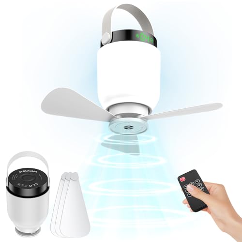 2 in 1 Camping Fan with LED Lantern, Rechargeable Camping Lights with Remote Control, Portable Outdoor Umbrella Ceiling Fan with Dimmable Light Hanging Outside for Patios, Tent, RVs, Gazebo