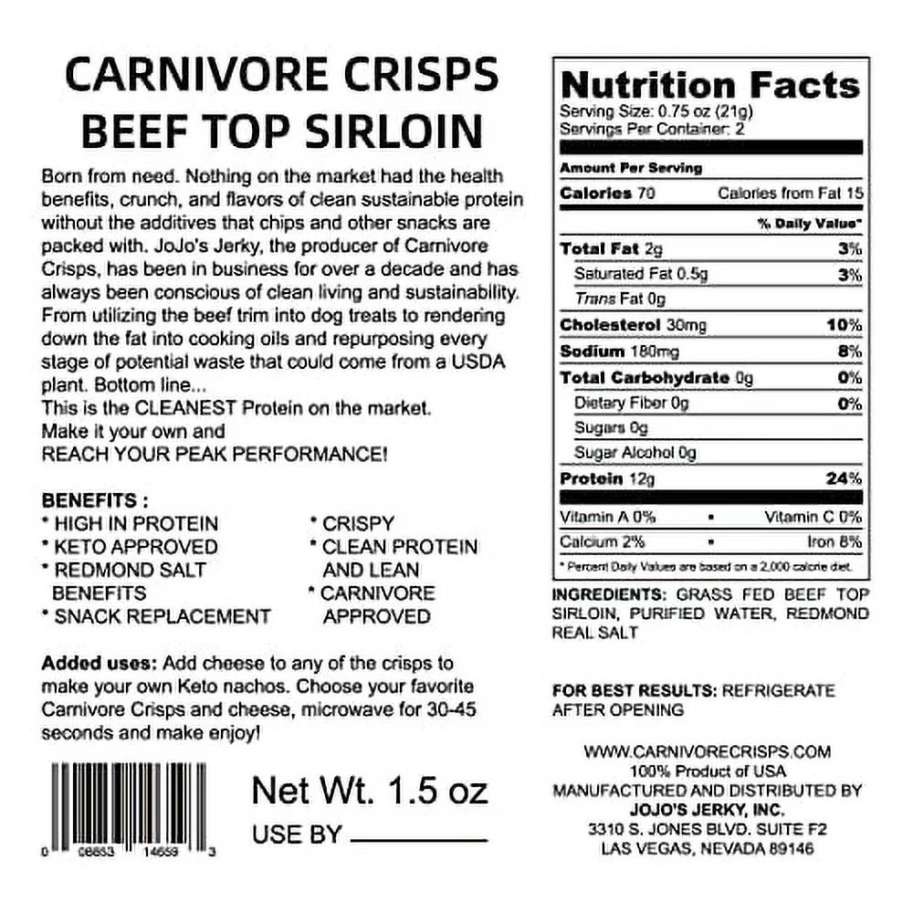 Carnivore Crisps beef top sirloin, (3) 1.5 oz bag, 12 g proteins per serving, carnivore diet approved, keto diet approved