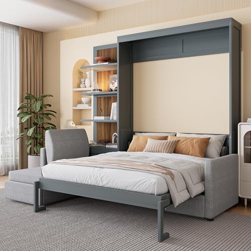 HABITRIO Queen Size Murphy Bed, Wooden Queen Murphy Bed Frame with Shelves, Wall Bed with L-Shape Sofa, Gray