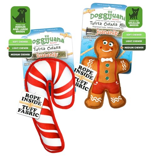 Doggijuana Cozy Cafe Combo Refillable Juananip Toy Bundle | Candy Cane & Gingerbread | Funny Dog Toy Plush with Catnip and Refill | Interactive Chew for Play