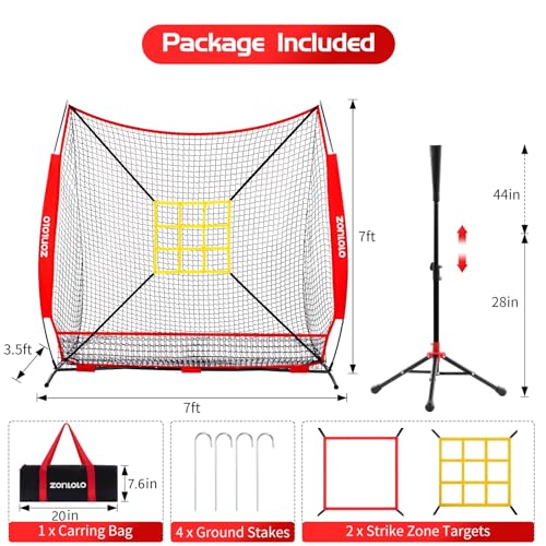 7x7 ft Baseball Net, Pitching & Batting Net with Batting Tee, Designed with Large Ball Collection System, 2 Strike Zones, Carry Bag, Baseball Softball Net for Batting Pitching Hitting and Throwing