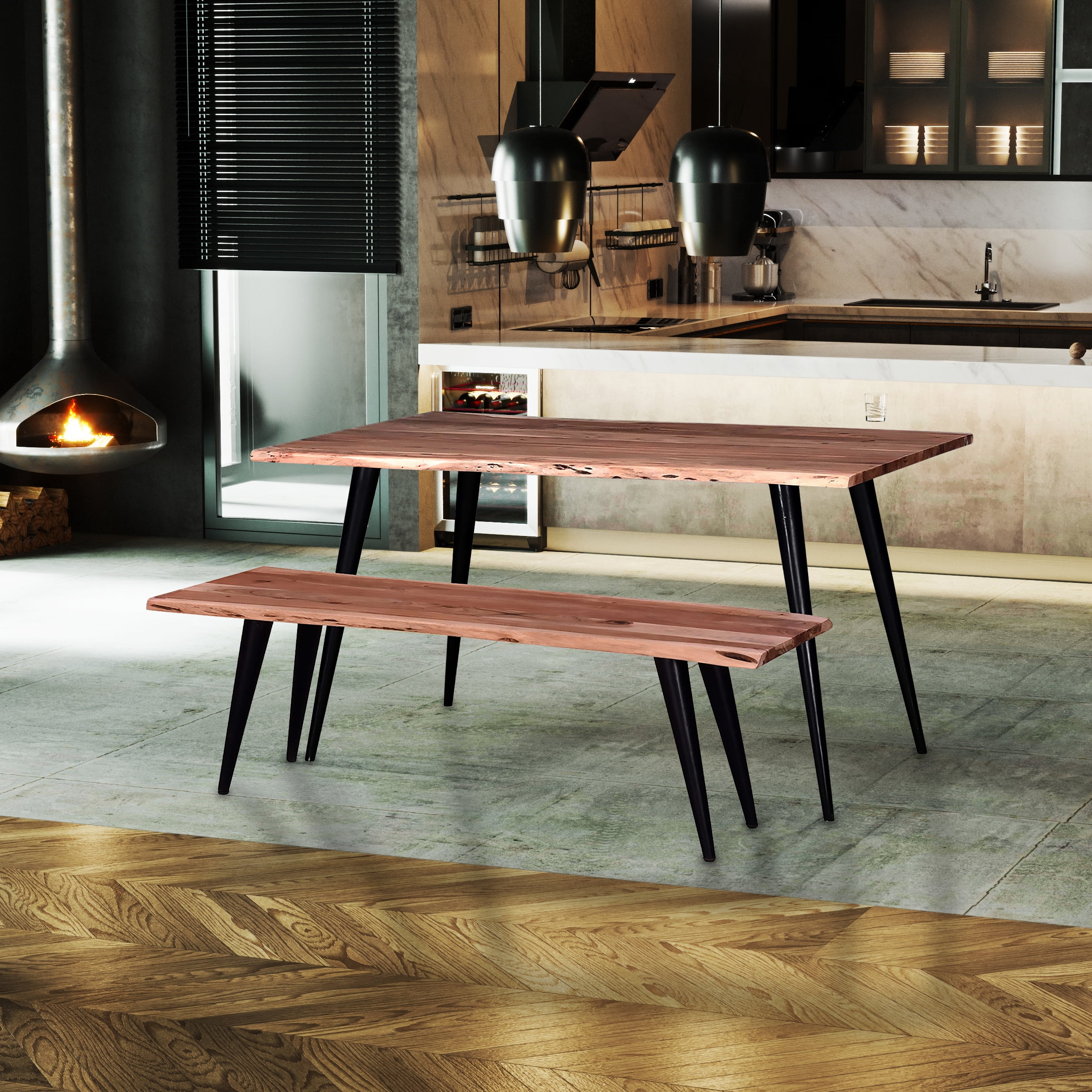 Primo International Eclipse 58 in. Acacia Wood and Metal Dining Bench