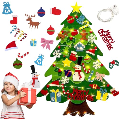 Felt Christmas Tree for Toddlers, 3ft DIY Felt Christmas Tree Set with 32 Ornaments & LED String Light, Decorations Christmas Wall Hanging, Felt Craft Kit, Kids Gifts Party Supplies