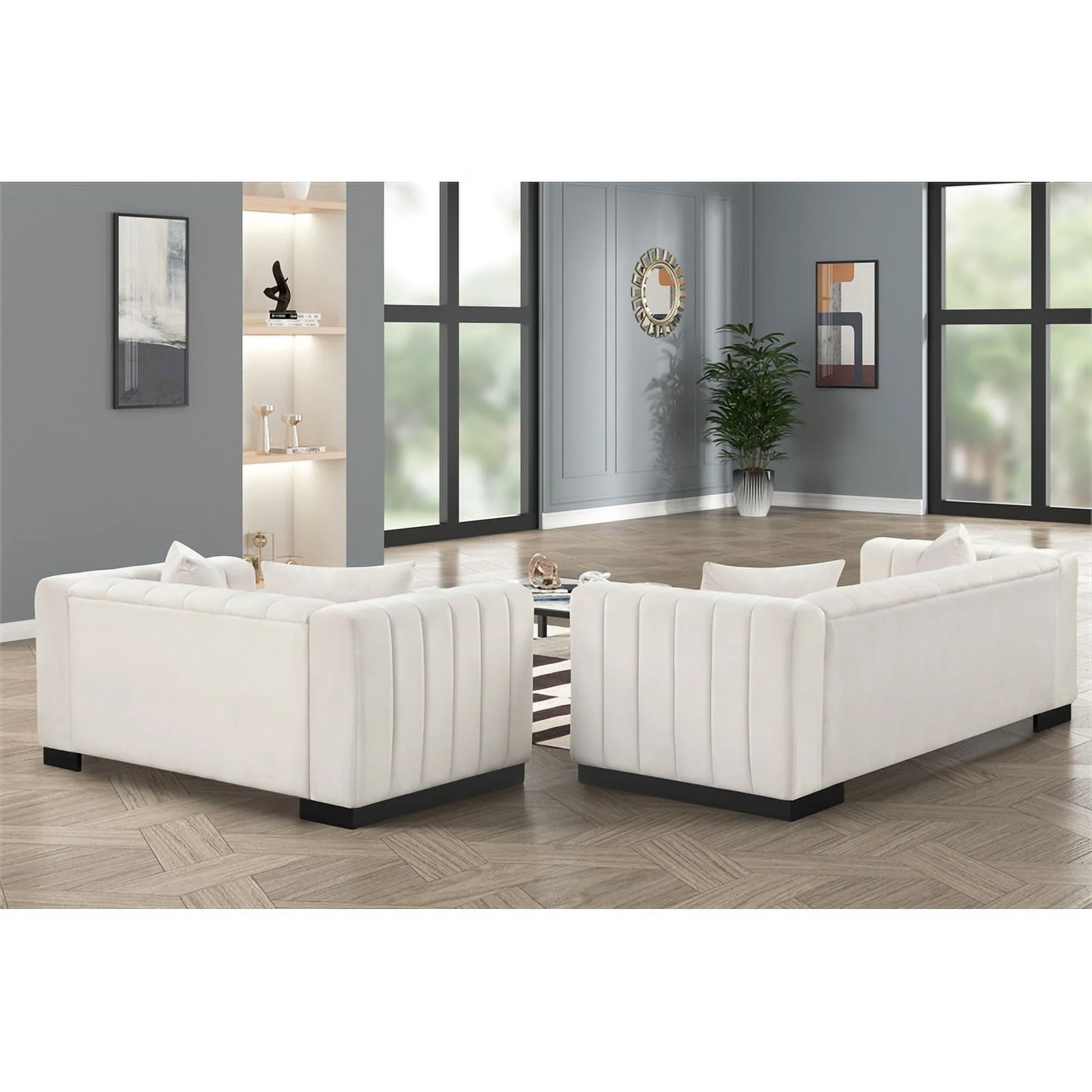 Rnfurnishings 2-Piece Living Room Furniture Velvet Sofa+Loveseat Set-Half white