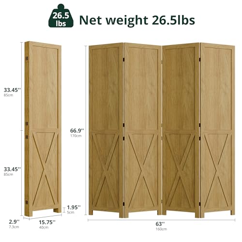Cozy Castle Wood Room Divider, 4 Panel 66.9 Inch Privacy Screen, Folding Wall Divider, Barnwood Room Separator, Freestanding Partition, Temporary Wall for Decorative, Natural