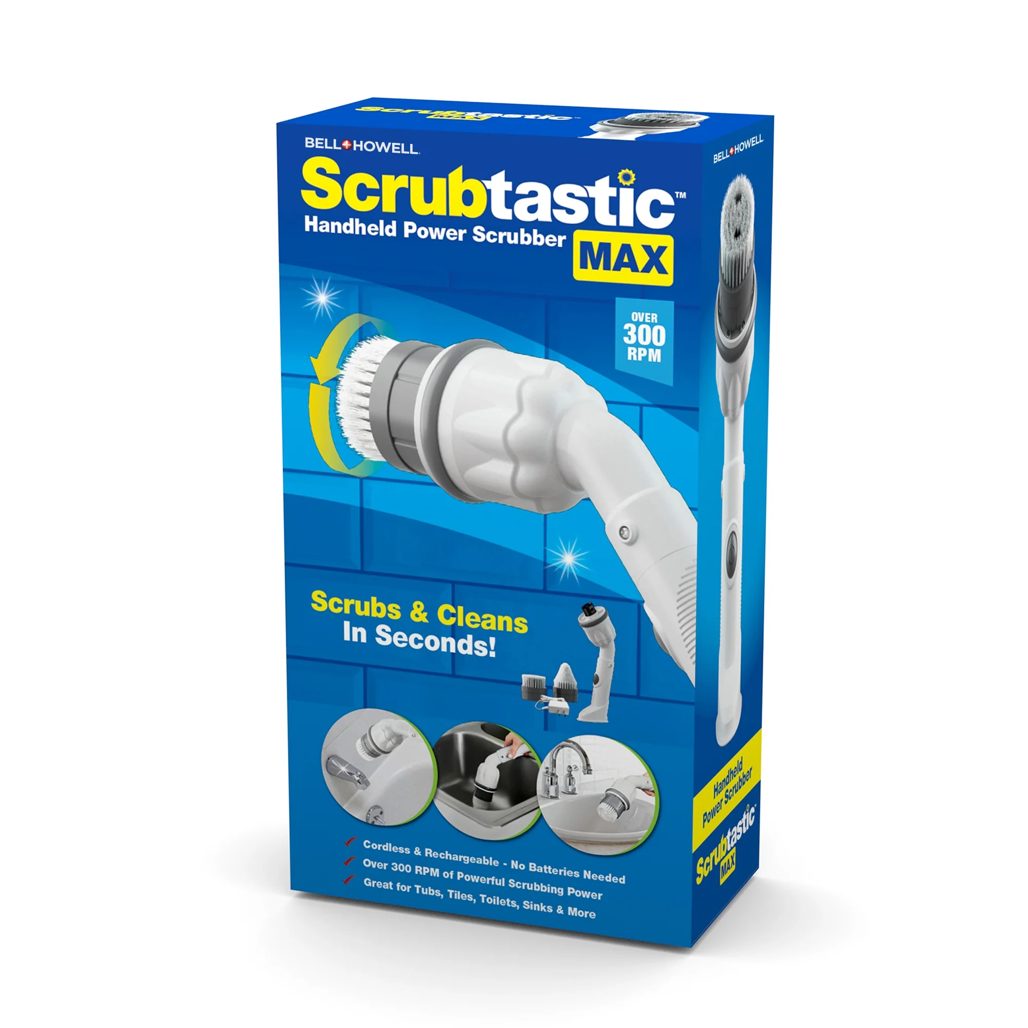 Bell+Howell Scrubtastic Max Spin Scrubber Rechargeable Spin Scrubber Multipurpose Cordless Power Electric Cleaner with 2 Brush Heads