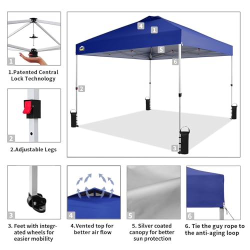 CROWN SHADES 10x10 Pop Up Canopy - Beach Tent with One Push Setup - Easy Outdoor Sun Shade for Events, Parties, Camping - Gazebo with STO-N-Go Cover Bag, Silver Coated Top, White