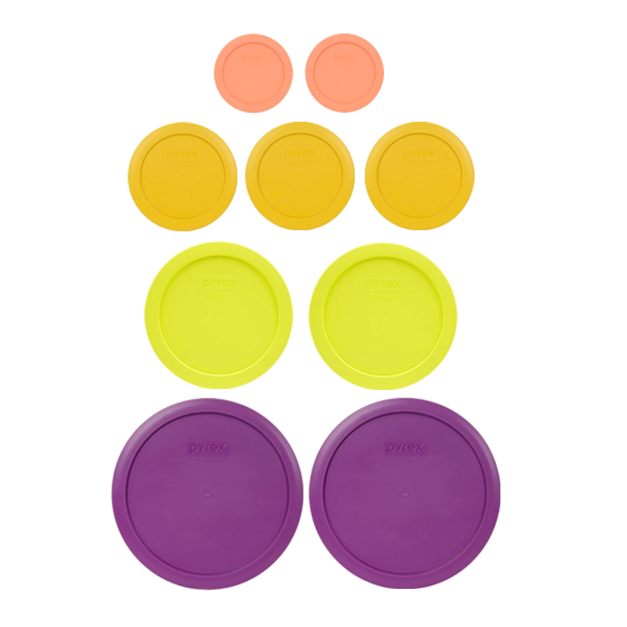 Pyrex (2) 7202-PC Bahama Sunset Orange lids, (3) 7200-PC Butter Yellow lids, (2) 7201-PC Yolk Yellow lids, & (2) 7402-PC Thistle Purple Lids
