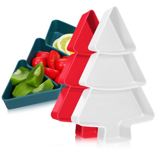 Christmas Tree Snack Tray Set of 3 - Red Green White Plastic Divided Serving Plates for Holiday Parties, Candy, Nuts, Fruits, And Appetizers, Christmas Tree Shaped Platters for Entertaining