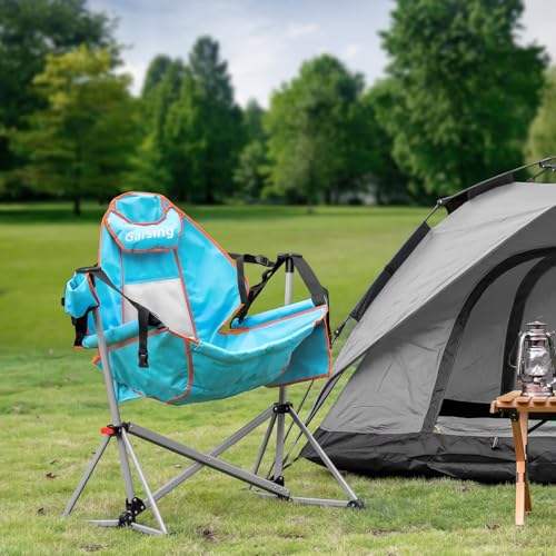 Hammock Camping Chair, Folding Portable Rocking Chair, Aluminum Alloy Adjustable Back Swinging Chair with Pillow Cup Holder, Recliner with Carry Bag for Outdoor Travel Lawn Backyard, (Blue)