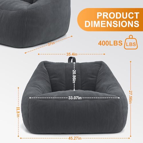 Bean Bags Chairs for Adults, Large Comfy Corduroy Beanbag Couch with Armrests Shell-Shaped Lazy Floor Sofa for Living Room, Bedroom, Gaming, Reading, Grey