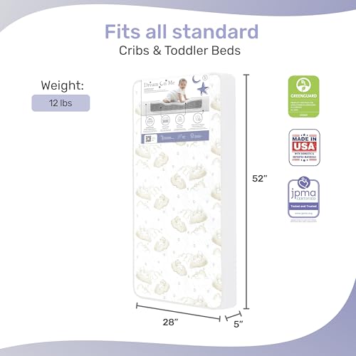 Dream On Me Twilight 5” 2-in-1 Breathable Spring Coil Crib and Toddler Bed Mattress Firm, Plush with Reversible Design I Greenguard Gold and JPMA Certified, White