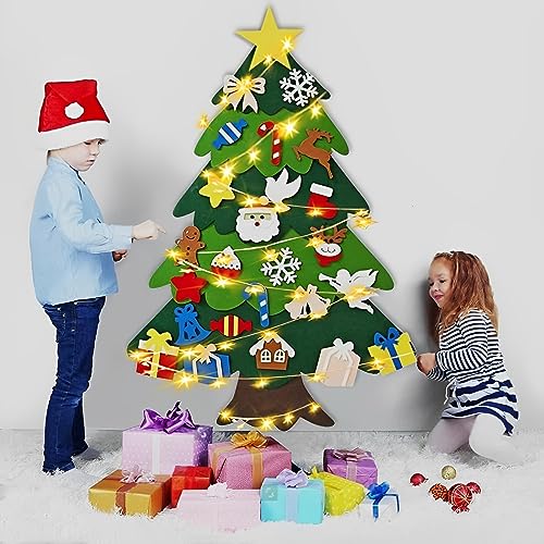 Montessori Felt Christmas Tree for Toddlers, 3.2FT DIY Wall Xmas Tree with 32 Ornaments and LED Lights, Educational 3D Fake Tree for Kids Home Door Window Decor (Merry Christmas)
