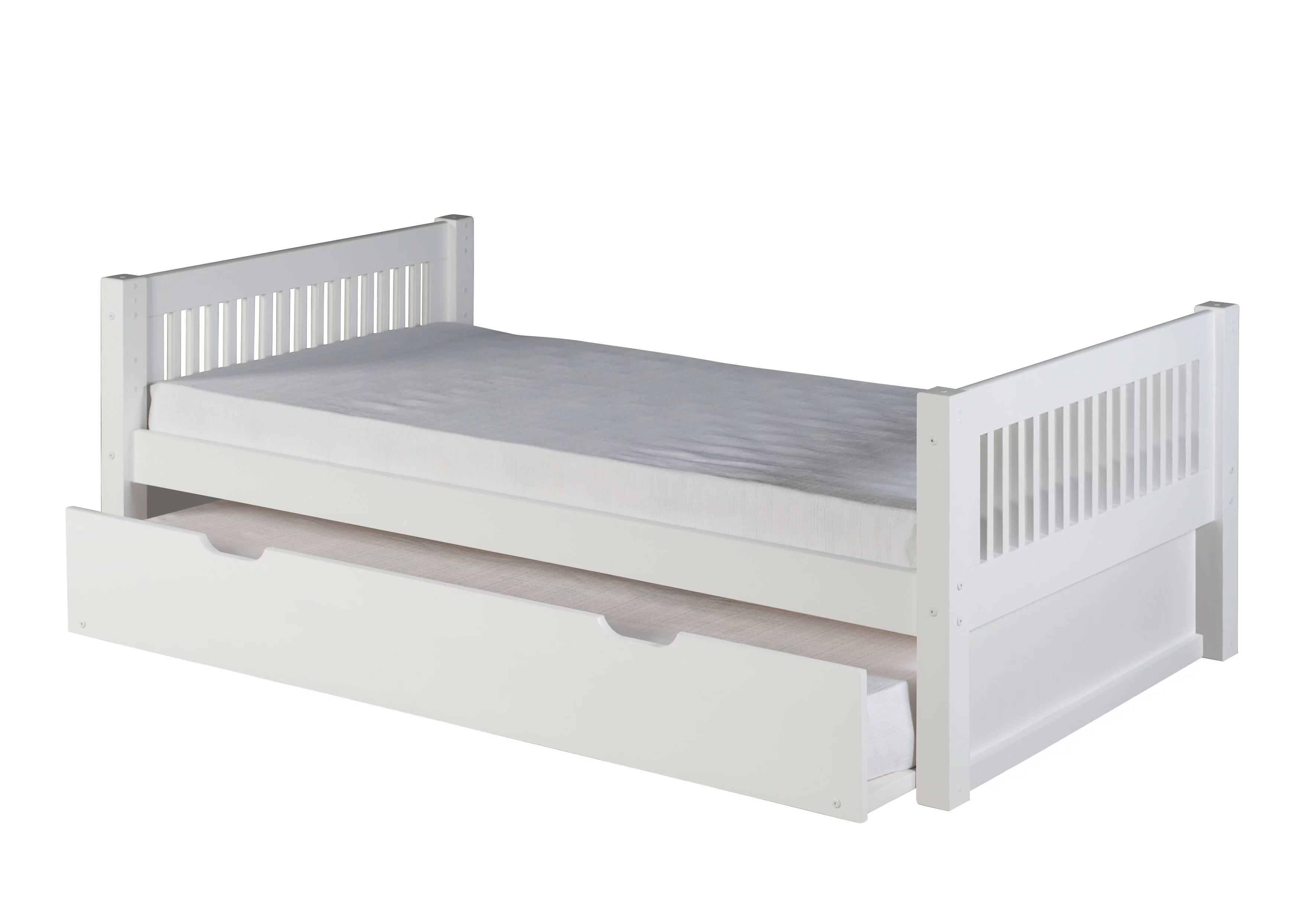 Camaflexi Twin Size Platform Bed with Twin Trundle - Mission Headboard - White Finish
