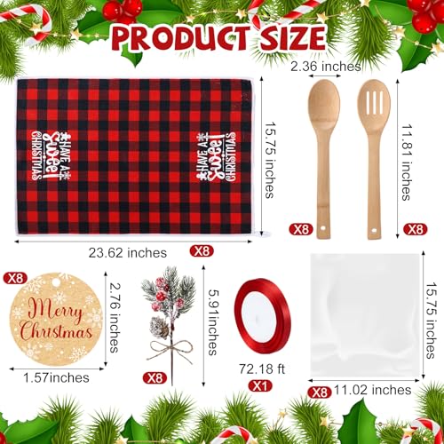Pinkunn 8 Set Christmas Kitchen Gifts Bulk Xmas Dish Towels and Wooden Spoons Pine Picks Thank You Tag Ribbon Holiday Cooking Utensils Housewarming Gifts for Neighbor Employee Kitchen Xmas(Festive)