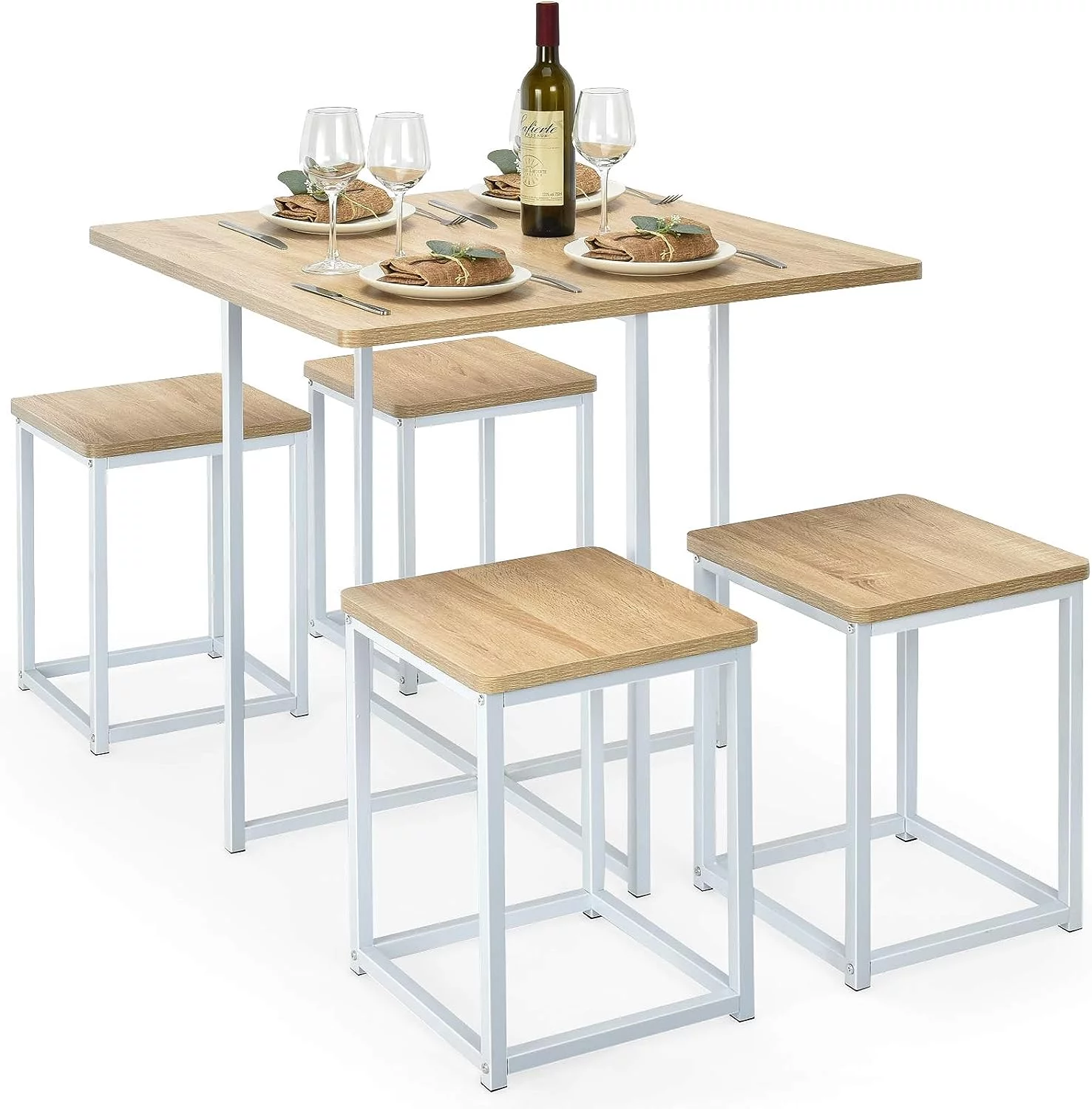 5 Piece Dining Table Set, Dining Set For 4 With Square Stools, Small Kitchen Table Set With Metal Frame, Compact Design For Small Space, Home Kitchen Bar Pub Apartment