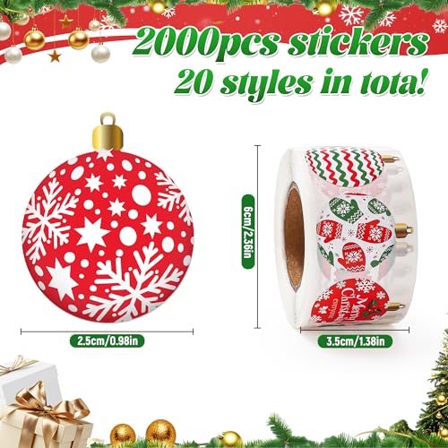 2000 Pcs Christmas Ornament Roll Stickers, 20 Designs Cartoon Christmas Envelope Seals Sticker, 1.2