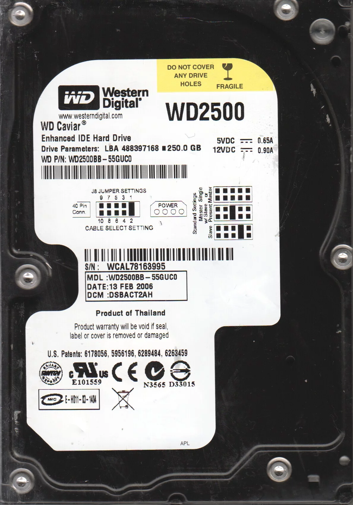 WD2500BB-55GUC0, DCM DSBACT2AH, Western Digital 250GB IDE 3.5 Hard Drive