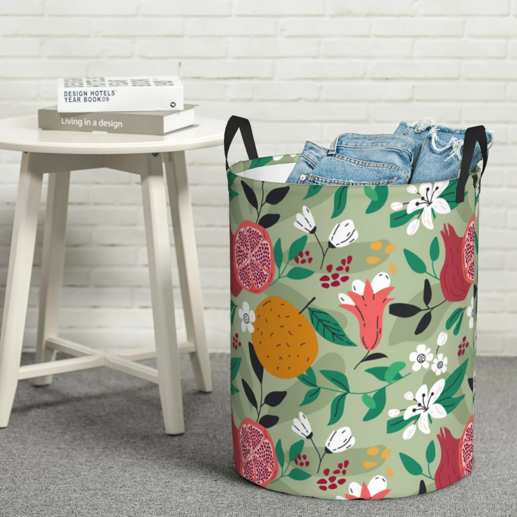 LNWH Laundry Basket, Vintage Fruit Floral Graffiti Art Pattern Foldable Laundry Hamper with Handles Waterproof, Medium Size
