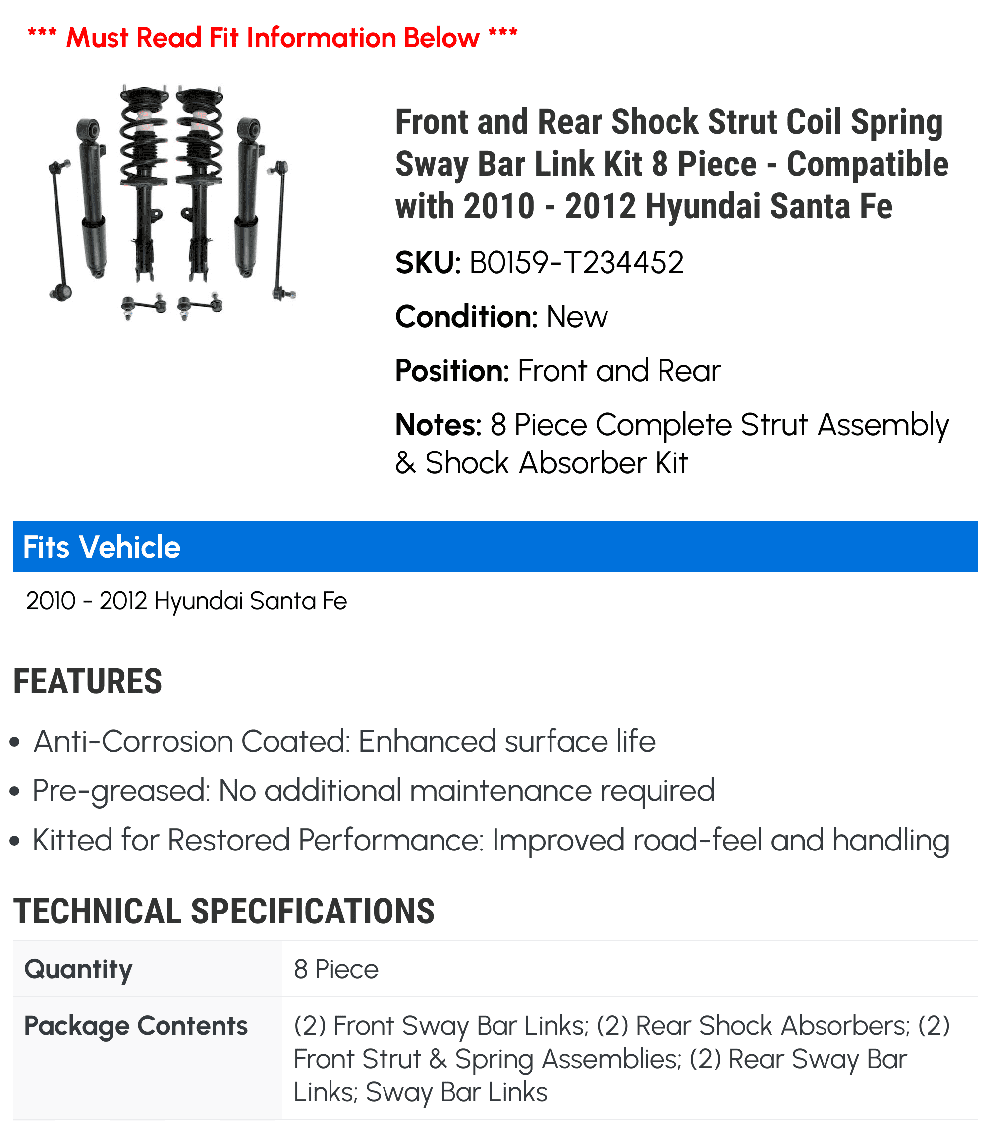 Front and Rear Shock Strut Coil Spring Sway Bar Link Kit 8 Piece - Compatible with 2010 - 2012 Hyundai Santa Fe 2011