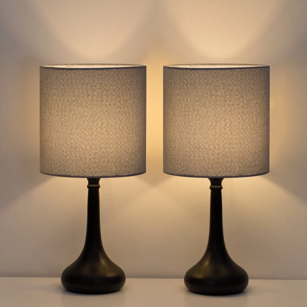 Bedroom Table Lamp Set of 2 Living Room Bedside Lamps Grey Lampshade Suit Modern Decor