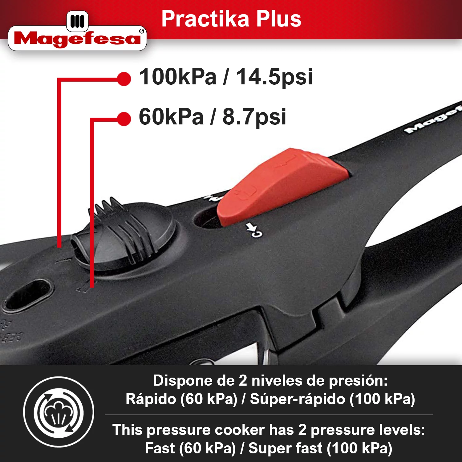 MAGEFESA ® Practika Plus Super Fast pressure cooker, 3.3 Quart, 18/10 stainless steel, suitable induction, excellent heat distribution, 5-layer encapsulated heat diffuser bottom, 5 safety systems