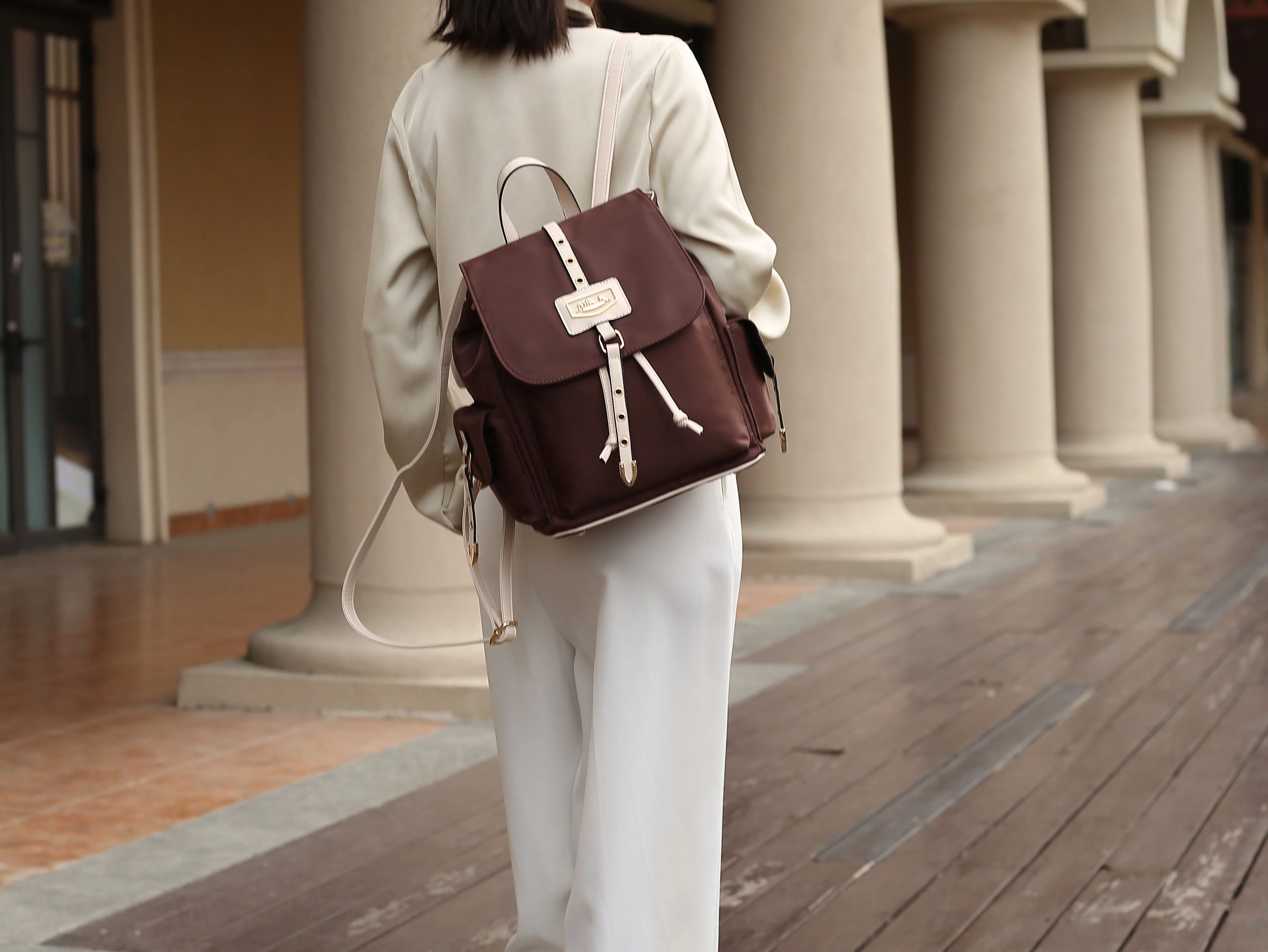 MFK Collection Paula Nylon & Smooth Vegan Leather Women’s Backpack by Mia K. - Taupe