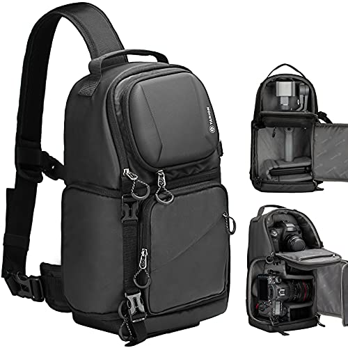 TARION Waterproof Camera Sling Bag Backpack - DSLR Sling Camera Bag for Photographers, Cross body Sling Bag with Raincover Tripod Holder Photography Slingpack Black TR-S