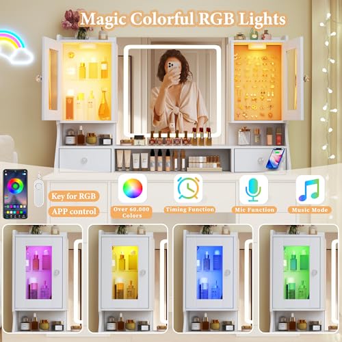 Vanity Desk with Mirror & Lights, 42‘’ Large Makeup Vanity with 2 RGB Jewelry Cabinets & 7 Drawers, White Vanity Table Set with Charging Station, Dressing Table with Lights Desk, 3 Light Modes