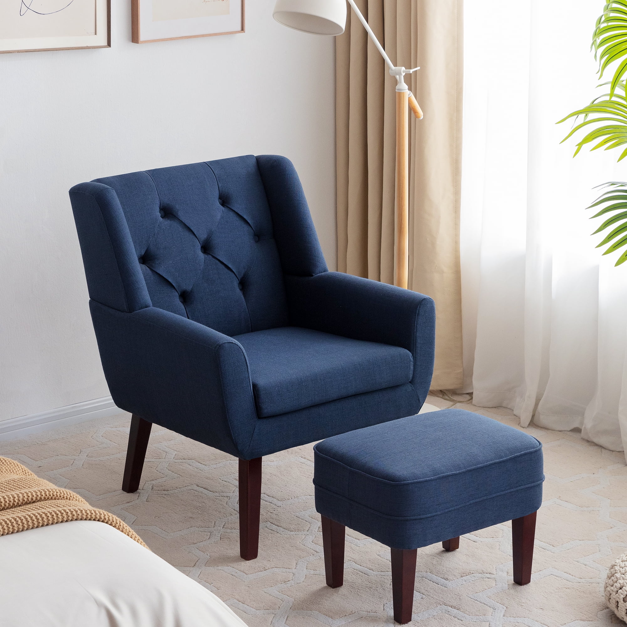 HUIMO Accent Chair with Ottoman,Mid Century Modern Upholstered Button Tufted Armchair, Linen Fabric Sofa Comfy Reading Chairs for Living Room, Bedroom,Reception Room(Blue)