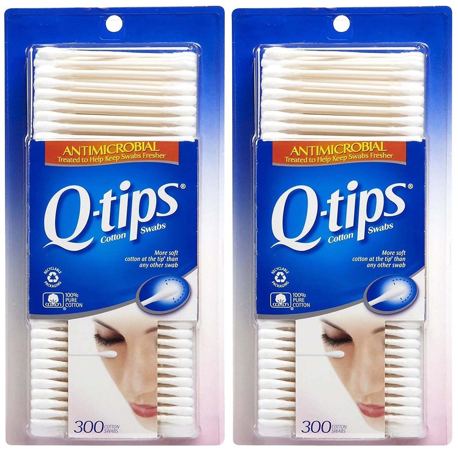 Q-tips Antimicrobial Cotton Swabs 300 Each (Pack of 2)